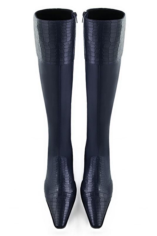 Navy blue women's riding knee-high boots. Tapered toe. Low leather soles. Made to measure. Top view - Florence KOOIJMAN